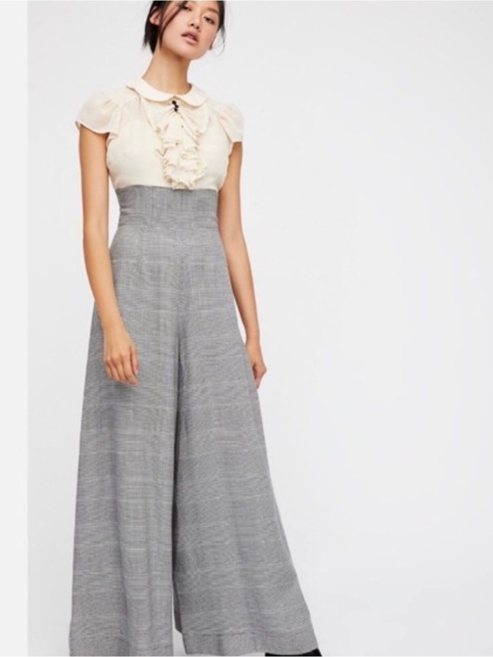 Free People Size 10 Houndstooth Jumpsuit Wide Leg Ruffle Front Career Retro